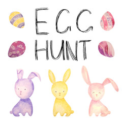 Watercolor drawn set with elements of happy easter. Hand drawn lettering, rabbit, eggs. Ideal for greeting card or logo