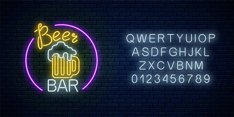 Glowing neon beer bar signboard in circle frame with alphabet. Luminous advertising sign pub.