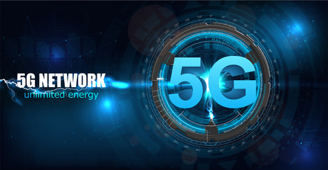 5G new wireless internet wifi connection. Fifth innovative generation of the global high speed Internet broadband network. Big data binary code flow numbers vector concept. Glowing abstract background