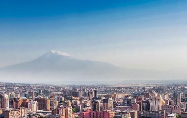 Panoramic view over Yerevan City, view with majestic Ararat mountain, Armenia