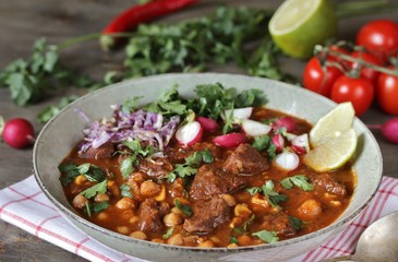 Beef Pozole with  chickpeas. festive Mexican rich soup.
