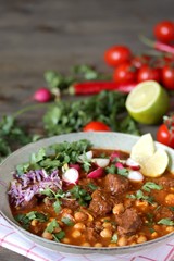 Beef Pozole with  chickpeas. festive Mexican rich soup.