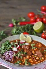 Beef Pozole with  chickpeas. festive Mexican rich soup.