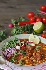 Beef Pozole with  chickpeas. festive Mexican rich soup.