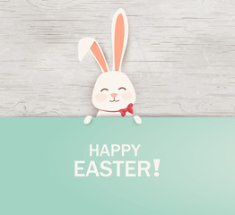 Happy Easter. Easter Rabbit Bunny standing behind a blank sign, showing on big sign. Happy smiling Cute, funny cartoon rabbit character. vector illustration.
