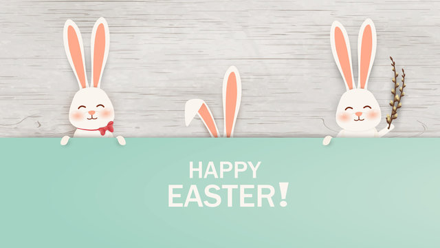 Happy Easter. Easter Rabbit Bunny standing behind a blank sign, showing on big sign. Smiling Cute, funny cartoon rabbit character. Design template for Banner, flyer, invitation, greeting card, poster.