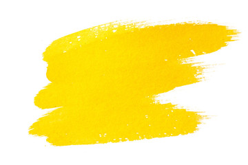 Abstract watercolor spot on white textured paper. Isolated. Hand-drawn background. Aquarelle brush stains on paper. For design, web, card, text, decoration, surfaces. Yellow color.