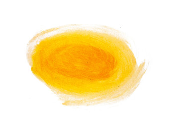 Abstract watercolor spot on white textured paper. Isolated. Hand-drawn background. Aquarelle brush stains on paper. For design, web, card, text, decoration, surfaces. Yellow color.