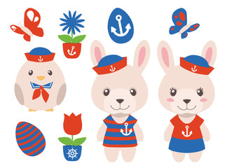 Cartoon maritime Easter graphic vector collection with male and female bunny and chic in red and blue in nautic clothes with spring flower, butterfly and egg 