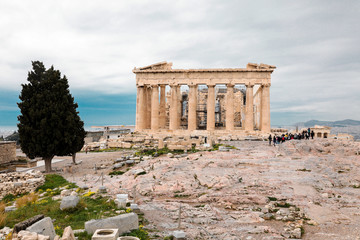 Athens, Greece - February 23, 2019: Eastern facade of the Parthenon temple on the Acropolis of Athens, Greece.