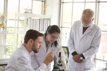 Scientists are working in science labs.Close-up of a scientistYoung female scientist looking...