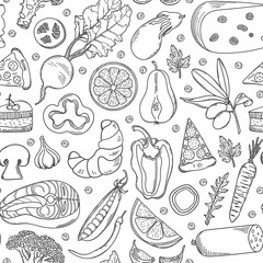 Hand-drawn seamless pattern with food. Black on white. Vector illustration.  