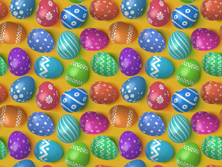 Many decorated Easter eggs 2019 as background. Seamless pattern for advertising, greeting cards and gift wrap. Colorful Easter eggs in 3d realistic style top view. Holiday background. Vector illustrat