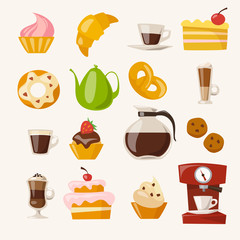 Vector coffee icons set with food and drink elements. 