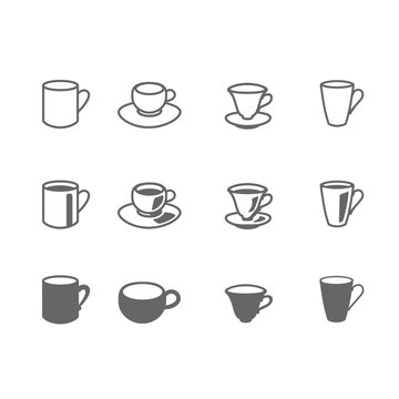 icon set of cups for tea and beverages dark on white background vector illustration