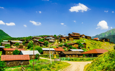 Fototapeta na wymiar View of the remote Tusheti village of Shenako, Georgia