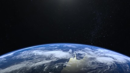 Earth from space. Stars twinkle. No sun in the frame. Flight over the Earth. 4K. Sunrise. The earth slowly rotates. Realistic atmosphere. 3D Volumetric clouds. The camera 36mm moves forward. - Powered by Adobe