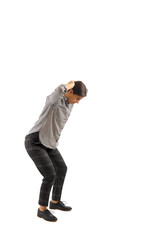 Young businesswoman isolated on white background doing exercises