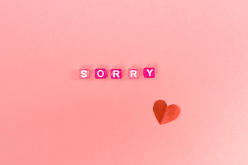 sorry  inscription made of colorful cube beads with letters. Festive pink background concept with copy space
