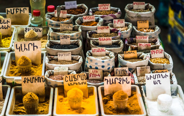 View on traditional market in Armenia with spices on the market in Yerevan