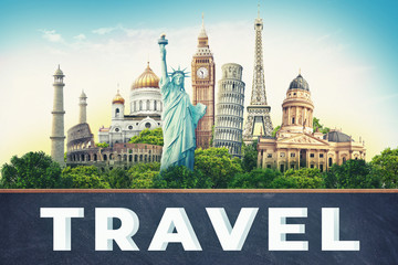 Travel illustration world's famous landmarks and tourist destinations elements in colorful background. 3d illustration.