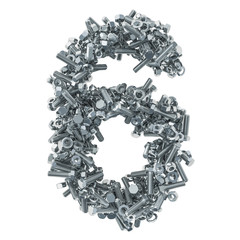 Number 6 from bolts, nuts and washers. 3D rendering