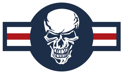 Military aviation airplane national roundel with skull, a very cool spin on a classic style aircraft logo, red white and blue isolated vector illustration