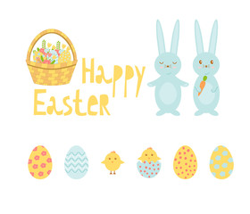 Set of bright colored vector elements for Easter. Includes colored eggs, chicks, basket, rabbits and flowers for Easter design.