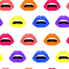 Vector illustration of woman red lips on black background. Seamless pattern. Pixel art. 8 bit