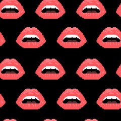 Vector illustration of woman red lips on black background. Seamless pattern. Pixel art. 8 bit