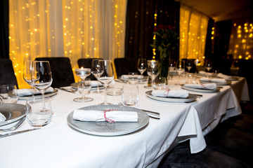 Set the table in the restaurantrestaurant, table, set, dish, setting, silverware, plate, fork, dinner, food, napkin, glass, dining, tableware, cutlery, knife, white, luxury, cafe, elegant, lunch, banq