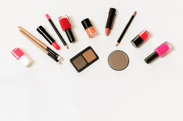 set professional cosmetics, make up tools and accessory on a white background, fashion and beauty