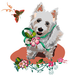 Terrier dog with flowers butterflies