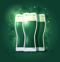 Happy St. Patrick's Day. Image of three glasses of beer with white foam and clover leaves on a green background. Vector holiday illustration.