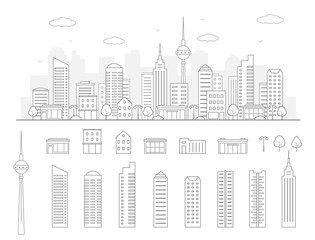 Modern urban landscape. City life illustration with house facades and other urban details. Line art. Vector.