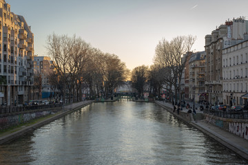 Paris, France - 02 23 2019: View of the Canal Saint-Martin at sunset
