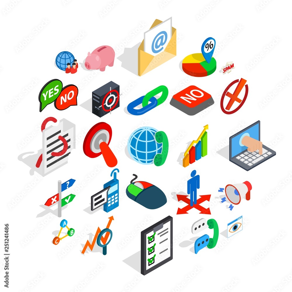 Poster help business icons set. isometric set of 25 help business vector icons for web isolated on white ba