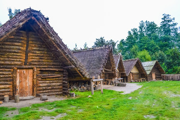 Very old wooden huts of the village of Biskupin, Poland