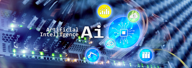 Artificial intelligence hi-tech business technologies concept. Futuristic server room background. AI