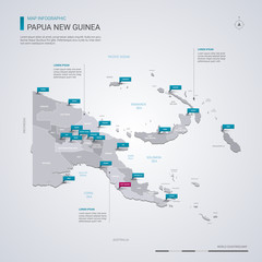 Papua New Guinea vector map with infographic elements, pointer marks.