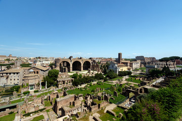 Fototapeta na wymiar Wide angle view of the Roman Forum, with the The Basilica of Maxentius and Constantine, sometimes known as the Basilica Nova prominent in the picture 
