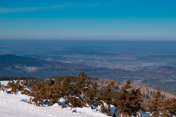 view over Harz Mountains landscape from the peak of Brocken mountain, Germany