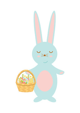 Happy Easter bunny holding basket with eggs and spring flowers. Cute rabbit vector cartoon character
