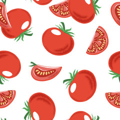 Seamless pattern with whole and cut red ripe tomato, textured vector illustration on white background. Textured vector seamless pattern with red tomato random backdrop design