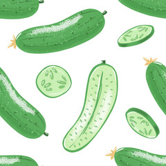 Seamless pattern with whole, half and sliced cucumber, textured vector illustration on white background. Whole and cut green cucumber seamless pattern, random backdrop design
