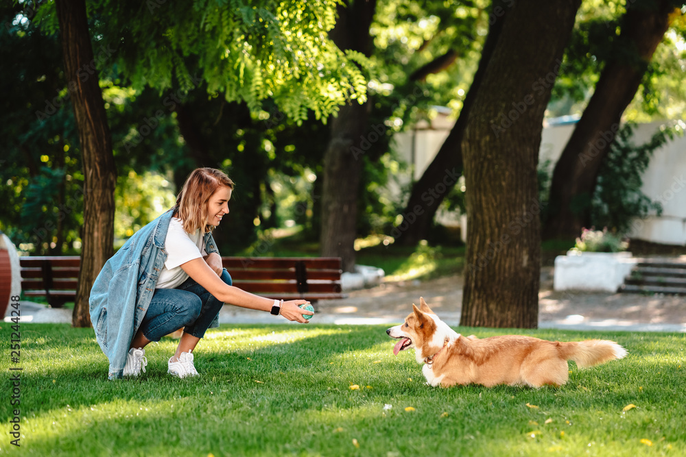 Wall mural Portrait of woman with dog Welsh Corgi Pembroke in dog park