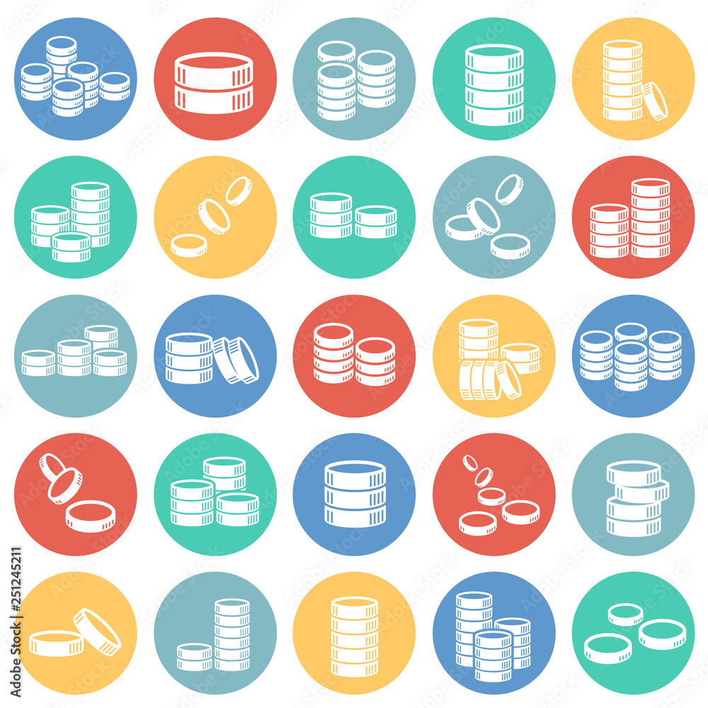 Poster coin icons set on color circles white background for graphic and web design, modern simple vector si