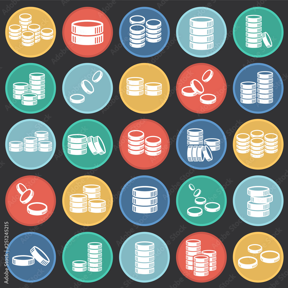 Poster coin icons set on color circles black background for graphic and web design, modern simple vector si
