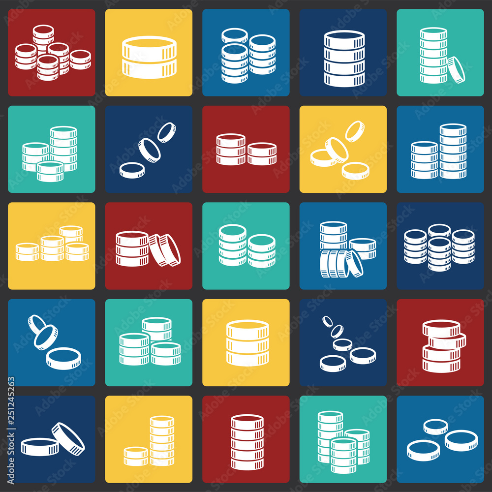 Fototapete coin icons set on color squares background for graphic and web design, modern simple vector sign. in