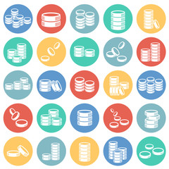 Coin icons set on color circles white background for graphic and web design, Modern simple vector sign. Internet concept. Trendy symbol for website design web button or mobile app